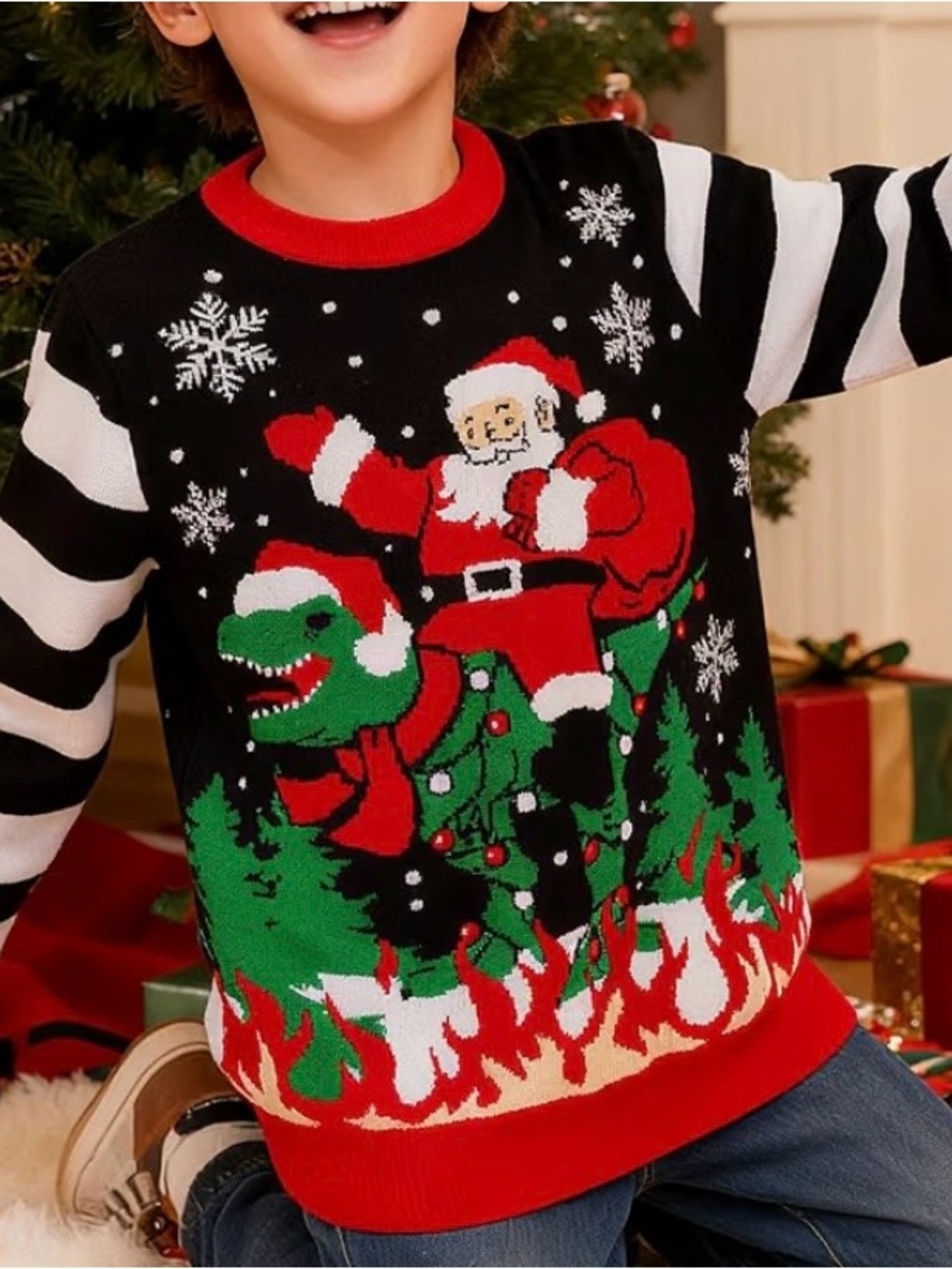 Kids' Black Red “Ugly” Holiday Sweater with Santa and Dinosaur